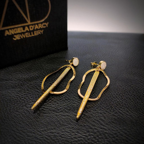 Gunmetal Spike Curvy Hoop Earrings - White Druzy-Nook & Cranny Gift Store-2019 National Gift Store Of The Year-Ireland-Gift Shop