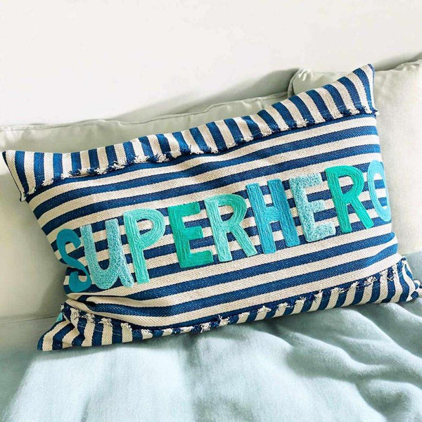 Blue Striped Cushion with Embroidery - Superher-Nook & Cranny Gift Store-2019 National Gift Store Of The Year-Ireland-Gift Shop