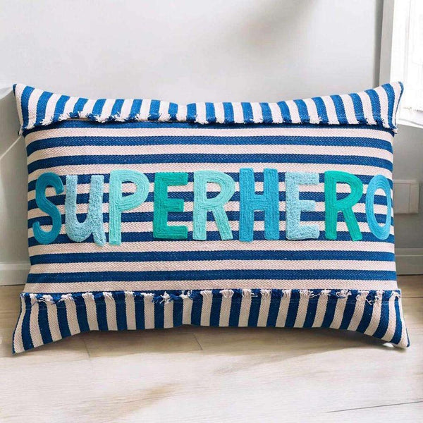 Blue Striped Cushion with Embroidery - Superher-Nook & Cranny Gift Store-2019 National Gift Store Of The Year-Ireland-Gift Shop