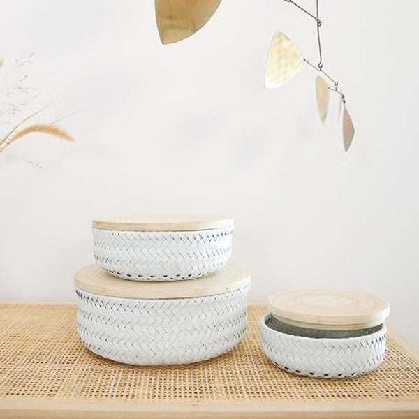 Useful Round Storage Basket in WHITE with Bamboo Lid - An Eco Friendly Gift.-Nook & Cranny Gift Store-2019 National Gift Store Of The Year-Ireland-Gift Shop