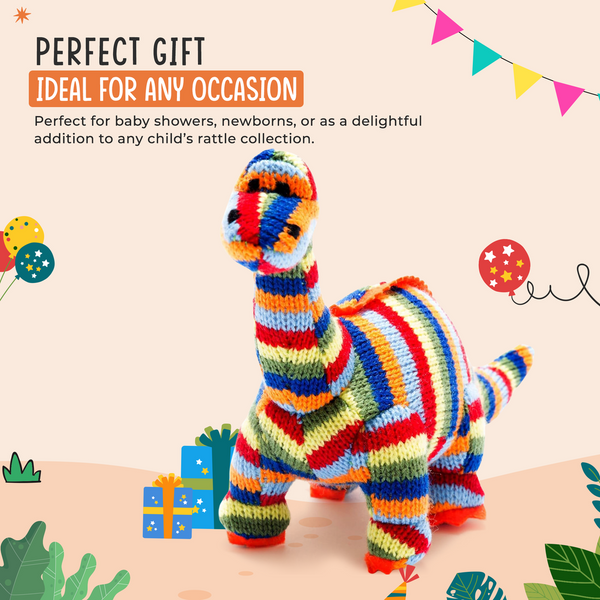 Dinosaur Baby Rattle Knitted Diplodocus  in Rainbow Stripes