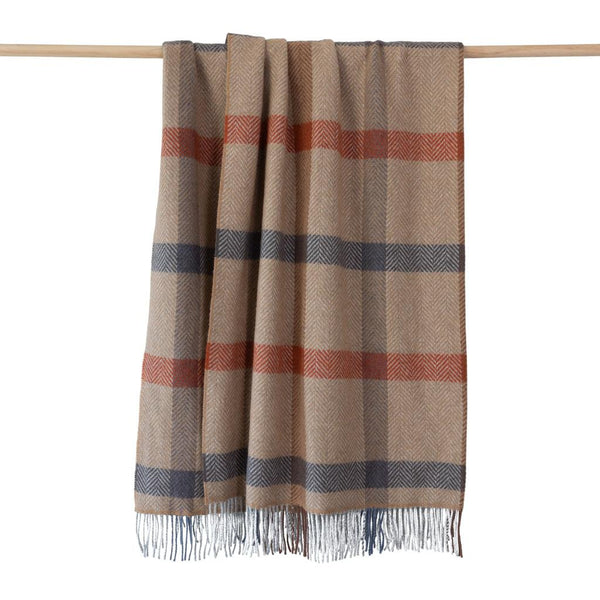 Merino Wool Cashmere Throw Camel Rust Brown Grey Check Herringbone