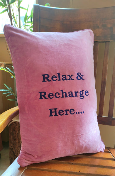'Relax & Recharge Here' ... Plush Velveteen Cushion.-Nook & Cranny Gift Store-2019 National Gift Store Of The Year-Ireland-Gift Shop