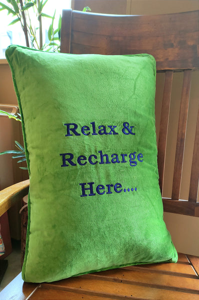 'Relax & Recharge Here' ... Plush Velveteen Cushion.-Nook & Cranny Gift Store-2019 National Gift Store Of The Year-Ireland-Gift Shop