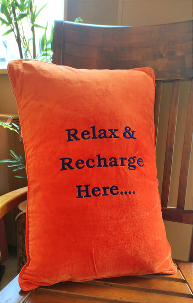 'Relax & Recharge Here' ... Plush Velveteen Cushion.-Nook & Cranny Gift Store-2019 National Gift Store Of The Year-Ireland-Gift Shop