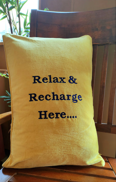 'Relax & Recharge Here' ... Plush Velveteen Cushion.-Nook & Cranny Gift Store-2019 National Gift Store Of The Year-Ireland-Gift Shop