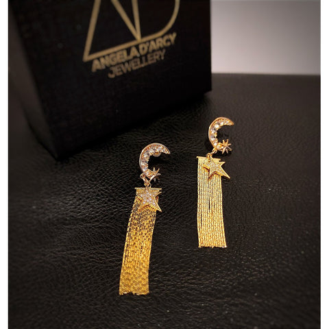 Gold Moon & Star Tassel Earrings