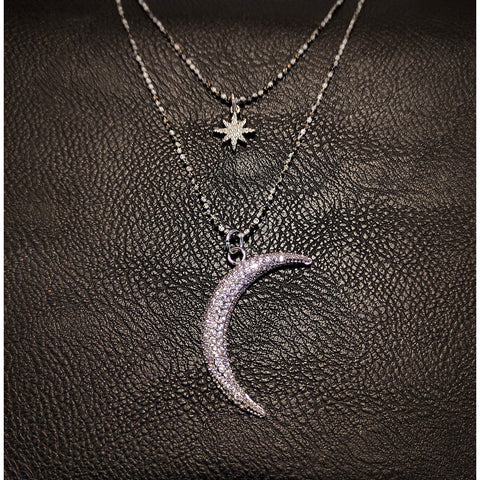 Double layer celestial necklace - Druzy Silver Star & Silver Moon