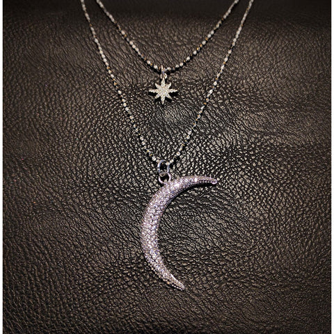 Double layer celestial necklace - Druzy Silver Star & Silver Moon