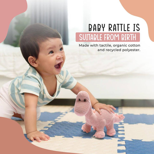 Dinosaur Baby Rattle, Knitted Organic Cotton Pink Diplodocus