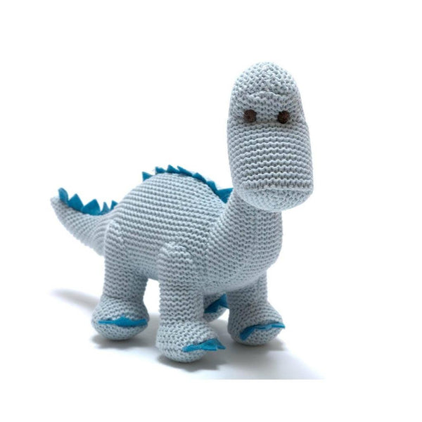 Dinosaur Baby Rattle, Knitted Organic Cotton Blue Diplodocus