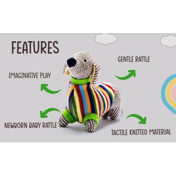 Sausage Dog Baby Rattle with Rainbow Stripe Jumper Knitted