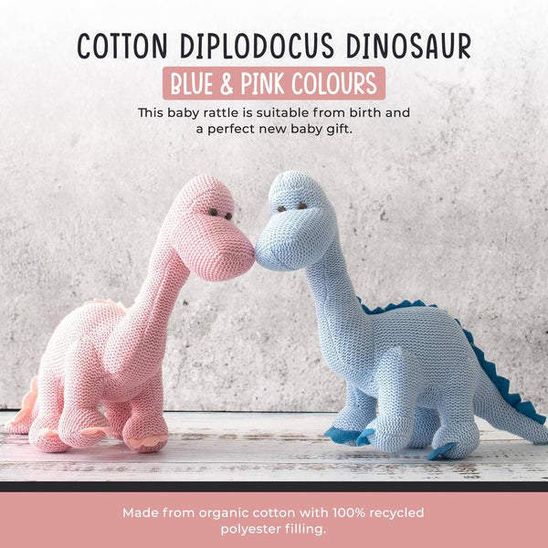Dinosaur Baby Rattle, Knitted Organic Cotton Pink Diplodocus