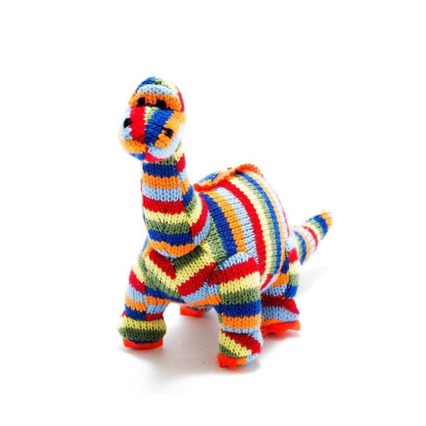 Dinosaur Baby Rattle Knitted Diplodocus  in Rainbow Stripes
