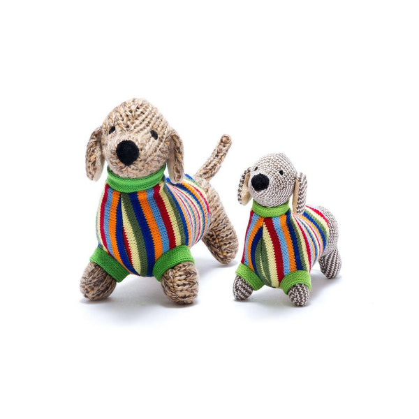 Sausage Dog Baby Rattle with Rainbow Stripe Jumper Knitted