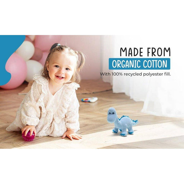 Dinosaur Baby Rattle, Knitted Organic Cotton Blue Diplodocus