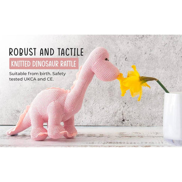 Dinosaur Baby Rattle, Knitted Organic Cotton Pink Diplodocus