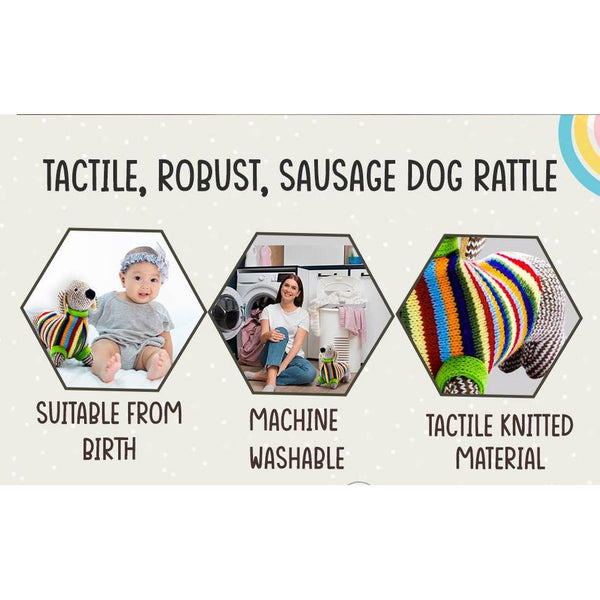 Sausage Dog Baby Rattle with Rainbow Stripe Jumper Knitted