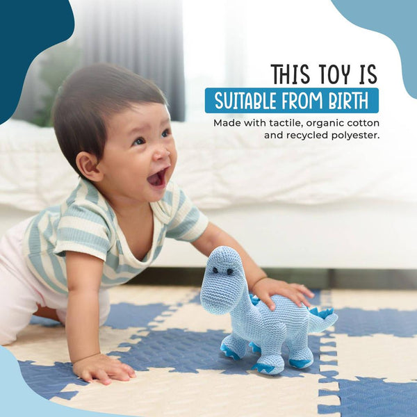 Dinosaur Baby Rattle, Knitted Organic Cotton Blue Diplodocus
