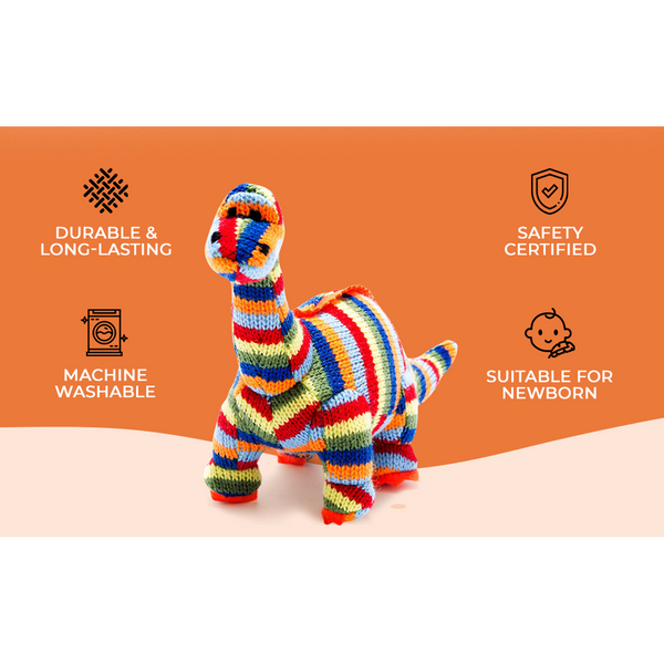 Dinosaur Baby Rattle Knitted Diplodocus  in Rainbow Stripes