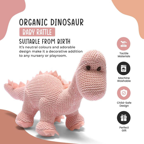 Dinosaur Baby Rattle, Knitted Organic Cotton Pink Diplodocus