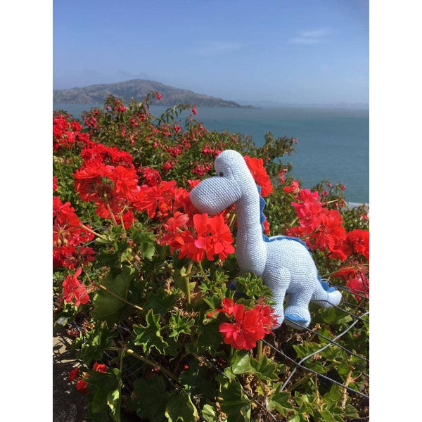 Dinosaur Baby Rattle, Knitted Organic Cotton Blue Diplodocus