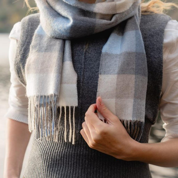 Luxury Merino Wool Scarf - Blue Grey Stone White Block Check-Nook & Cranny Gift Store-2019 National Gift Store Of The Year-Ireland-Gift Shop
