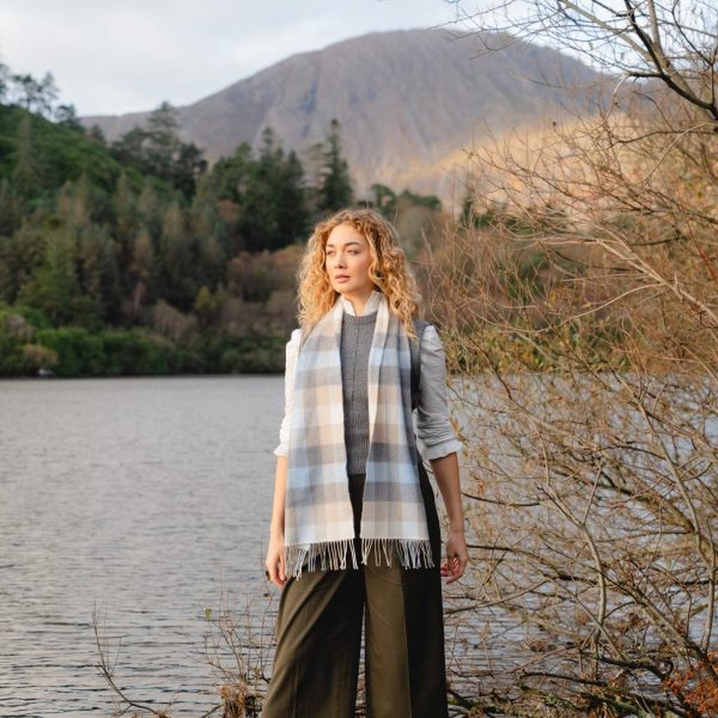Luxury Merino Wool Scarf - Blue Grey Stone White Block Check-Nook & Cranny Gift Store-2019 National Gift Store Of The Year-Ireland-Gift Shop