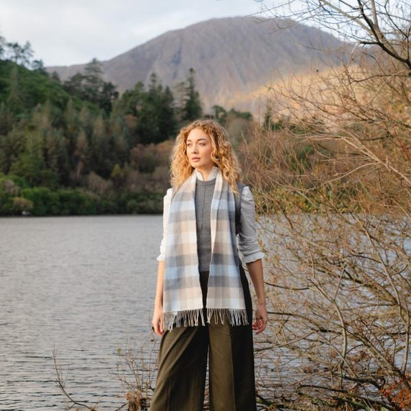 Luxury Merino Wool Scarf - Blue Grey Stone White Block Check-Nook & Cranny Gift Store-2019 National Gift Store Of The Year-Ireland-Gift Shop