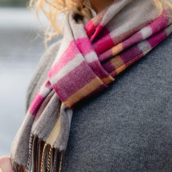 Luxury Merino Wool Scarf - Pink Wine Orange Stone Check-Nook & Cranny Gift Store-2019 National Gift Store Of The Year-Ireland-Gift Shop