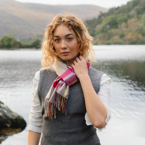 Luxury Merino Wool Scarf - Pink Wine Orange Stone Check-Nook & Cranny Gift Store-2019 National Gift Store Of The Year-Ireland-Gift Shop