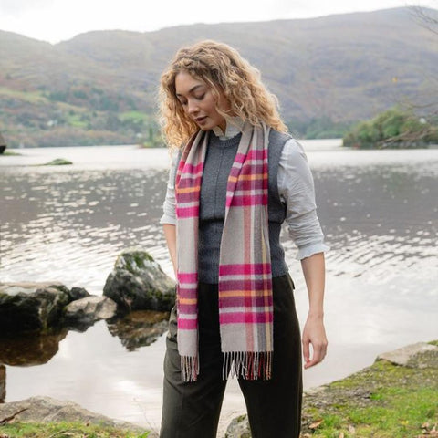 Luxury Merino Wool Scarf - Pink Wine Orange Stone Check-Nook & Cranny Gift Store-2019 National Gift Store Of The Year-Ireland-Gift Shop