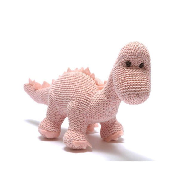 Dinosaur Baby Rattle, Knitted Organic Cotton Pink Diplodocus