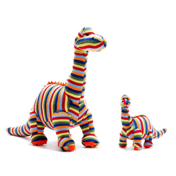 Dinosaur Baby Rattle Knitted Diplodocus  in Rainbow Stripes