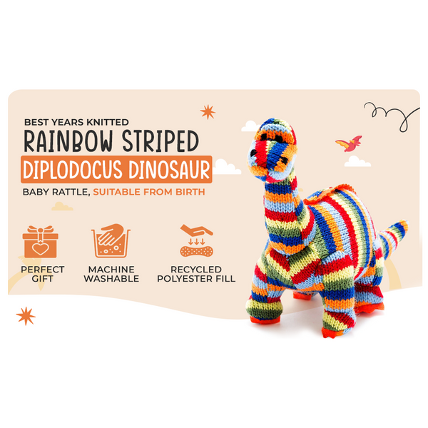 Dinosaur Baby Rattle Knitted Diplodocus  in Rainbow Stripes