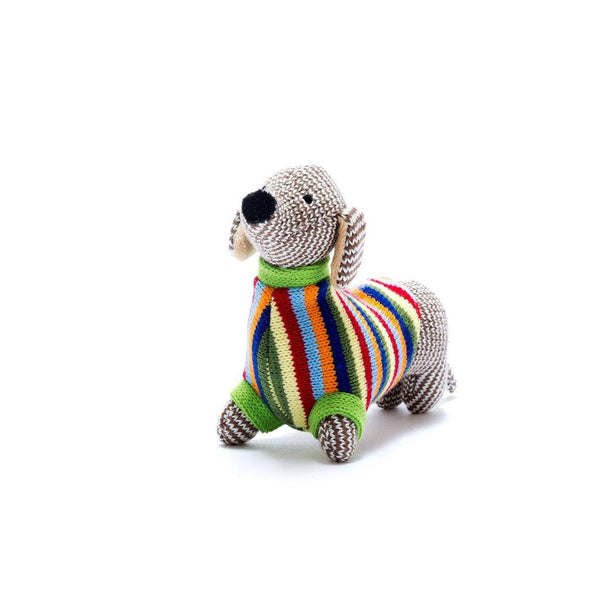 Sausage Dog Baby Rattle with Rainbow Stripe Jumper Knitted
