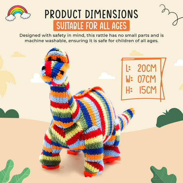 Dinosaur Baby Rattle Knitted Diplodocus  in Rainbow Stripes