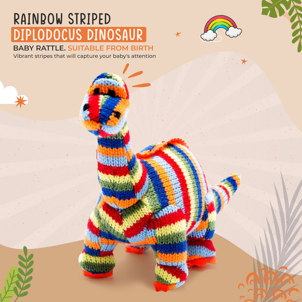 Dinosaur Baby Rattle Knitted Diplodocus  in Rainbow Stripes