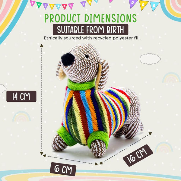 Sausage Dog Baby Rattle with Rainbow Stripe Jumper Knitted