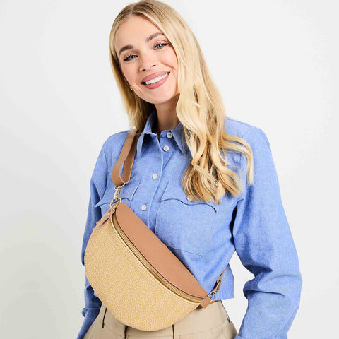 Elie Beaumont Sling Raffia and Italian Leather Bag - Camel-Nook & Cranny Gift Store-2019 National Gift Store Of The Year-Ireland-Gift Shop