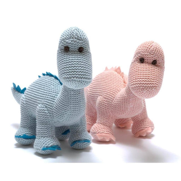 Dinosaur Baby Rattle, Knitted Organic Cotton Pink Diplodocus