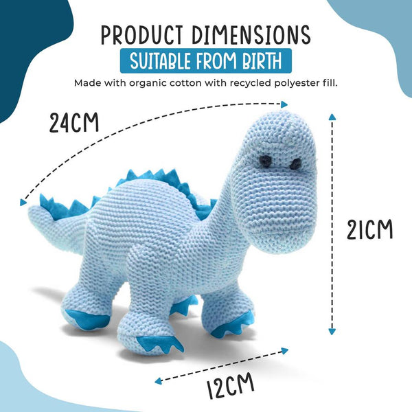 Dinosaur Baby Rattle, Knitted Organic Cotton Blue Diplodocus