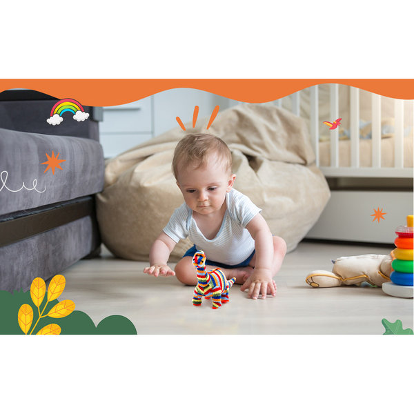 Dinosaur Baby Rattle Knitted Diplodocus  in Rainbow Stripes