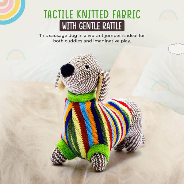 Sausage Dog Baby Rattle with Rainbow Stripe Jumper Knitted
