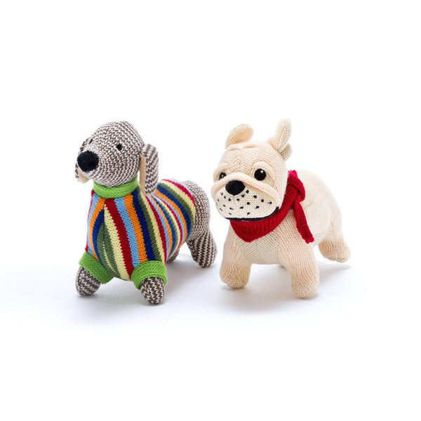 Sausage Dog Baby Rattle with Rainbow Stripe Jumper Knitted