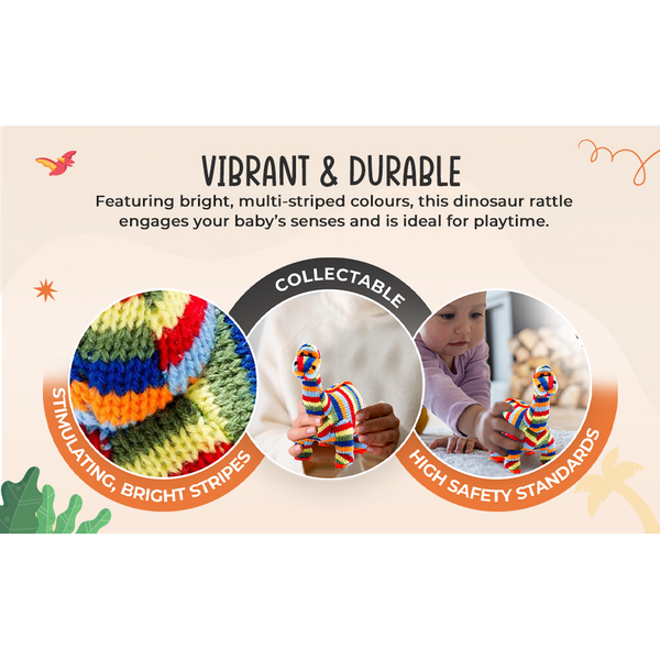 Dinosaur Baby Rattle Knitted Diplodocus  in Rainbow Stripes