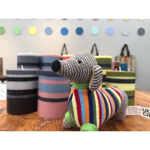 Sausage Dog Baby Rattle with Rainbow Stripe Jumper Knitted