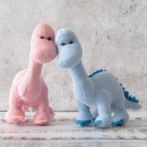 Dinosaur Baby Rattle, Knitted Organic Cotton Pink Diplodocus