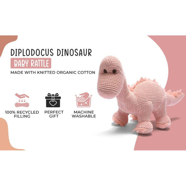 Dinosaur Baby Rattle, Knitted Organic Cotton Pink Diplodocus