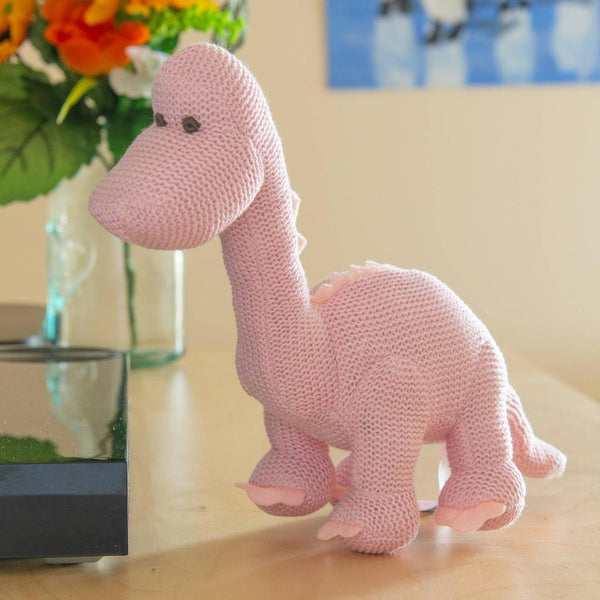 Dinosaur Baby Rattle, Knitted Organic Cotton Pink Diplodocus